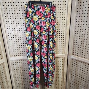 Lulu's Yellow Pink Flower Floral‎ Print Wide Leg Paperbag Pants Size Small